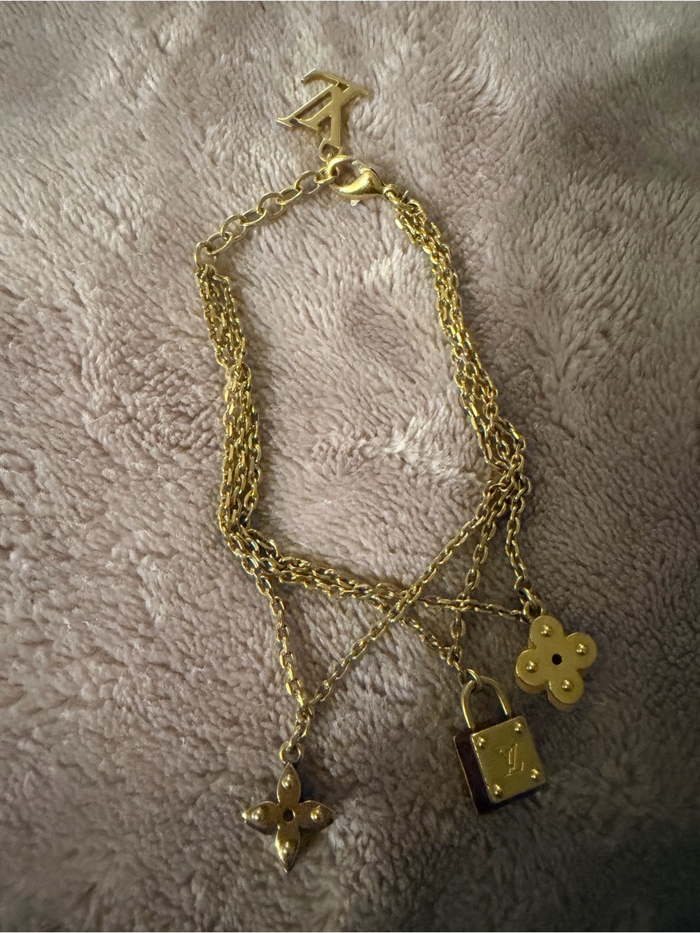 Louis Vuitton Multi-Chain Charm Bracelet with Lock and Flower Pendants